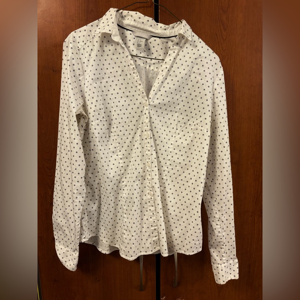 H&M Patterned Button-Up Shirts – Black on Cream & White – Size US 12 & US 6